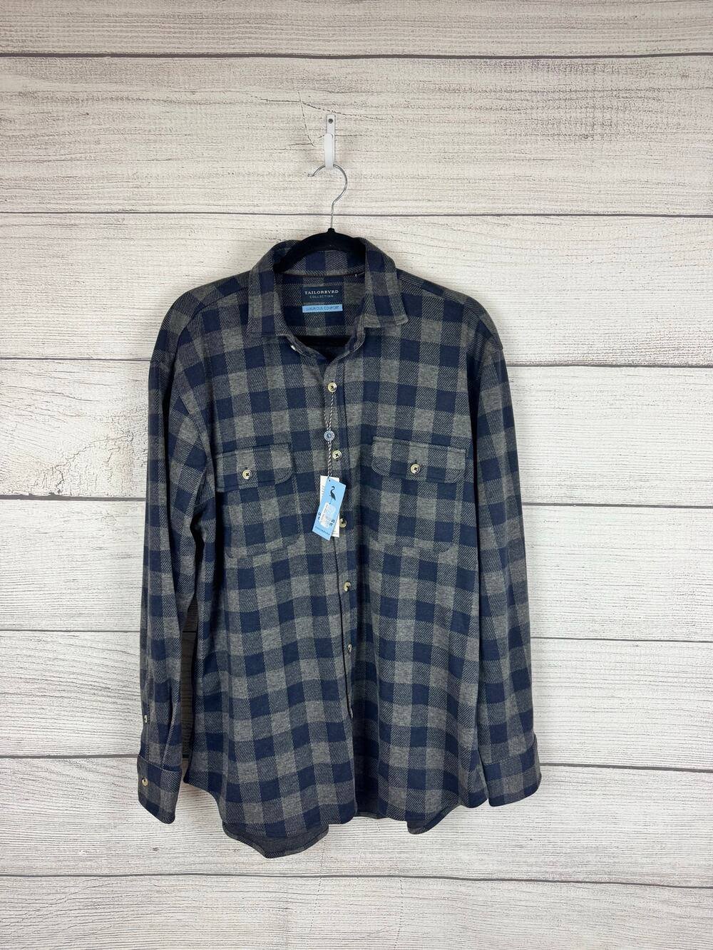 Tailorbyrd Men's Gray & Navy Blue Luxurious Comfort Soft Plaid Shirt Size Medium